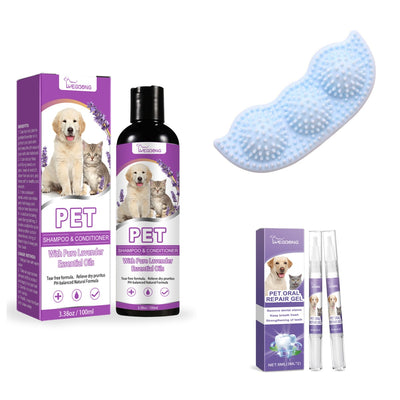Pet shampoo and conditioner with lavender, pet oral repair gel, and a pink textured dog chew toy.
