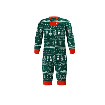 Red and white Christmas print one-piece pajama suit with moose, snowflake, and Christmas tree patterns. - Image 3