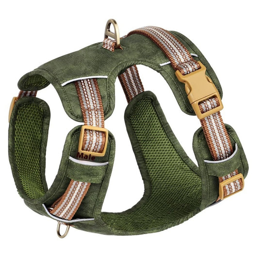 Brown leather pet harness with reflective stripes, adjustable tan buckles, and a gold D-ring on a white background. - Image 7