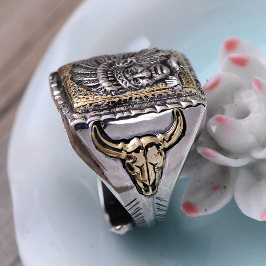 Anillo Abierto Jefe Indio en Plata de Ley S925 para Hombre - Image 10