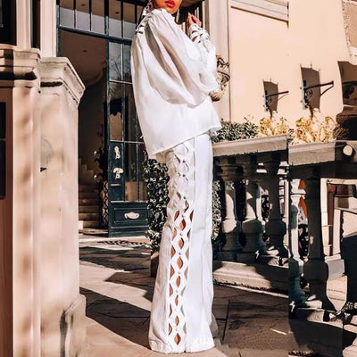 Blusa Blanca de Encaje Manga Larga con Pantalón Juego Completo - Image 2