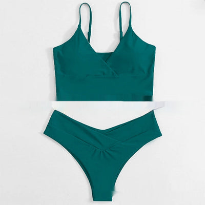 Bright yellow two-piece bikini swimsuit with a crop top and high-cut V-front bottoms, laid flat. - Image 11