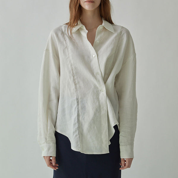 Blusa Lino Bordado Hueco Francés Suelta Manga Larga