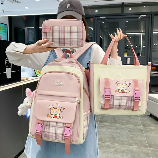 Mochila Escolar de Tres Piezas a Cuadros con Gran Capacidad - Image 5