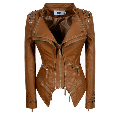 Chaqueta de Cuero Motociclista Ajustada con Remaches para Mujer - Image 3