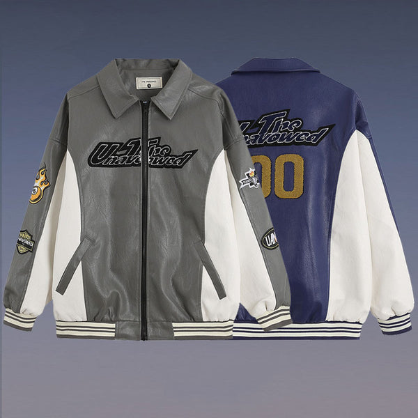 Chaqueta Universitaria Retro PU Bordada Suelta para Hombre