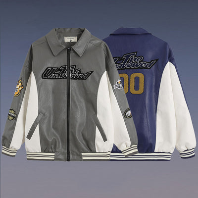 Chaqueta Universitaria Retro PU Bordada Suelta para Hombre