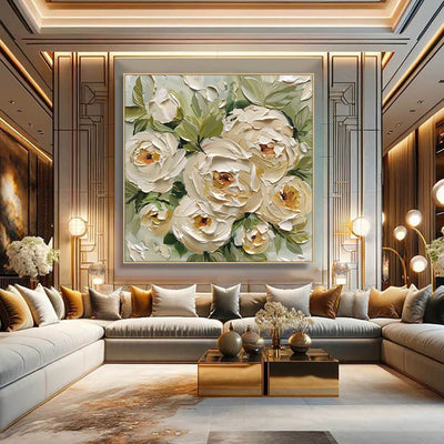 Cuadro Abstracto Óleo sobre Lienzo - Arte Moderno Flores y Hojas Verdes para Decoración del Hogar - Image 7
