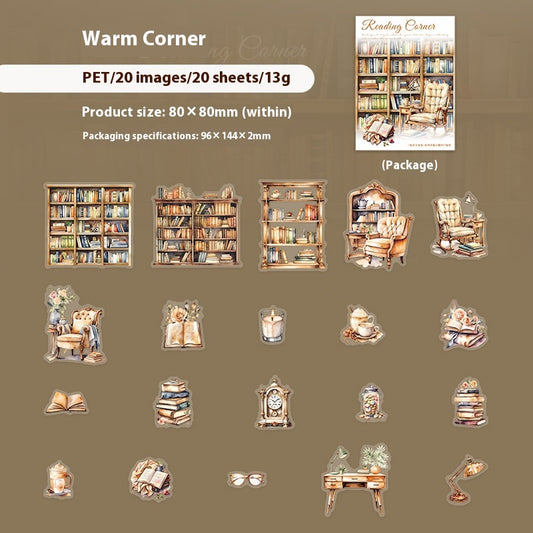 Set of 20 PET stickers featuring watercolor illustrations of cozy reading nooks, bookshelves, books, and related items.