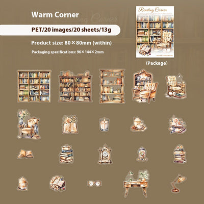 Set of 20 PET stickers featuring watercolor illustrations of cozy reading nooks, bookshelves, books, and related items.