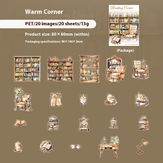 Set of 20 PET stickers featuring watercolor illustrations of cozy reading nooks, bookshelves, books, and related items.