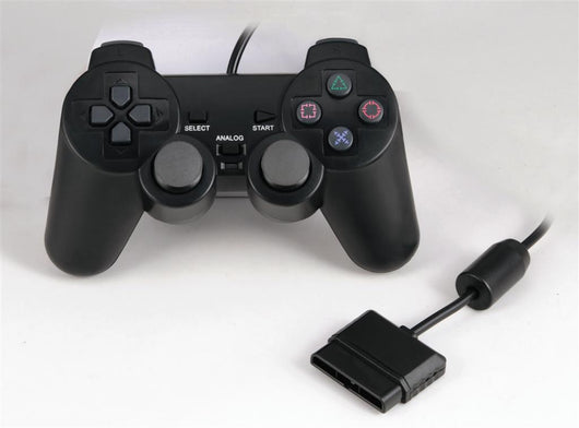 Black wired game controller for PS2 with dual analog sticks, D-pad, and colored action buttons.