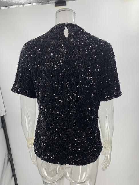 Playera Corta de Lentejuelas y Terciopelo con Cuello Redondo - Image 13
