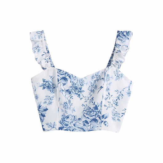 Blusa Corta con Estampado Porcelana Azul y Blanco y Mangas Fruncidas - Image 12