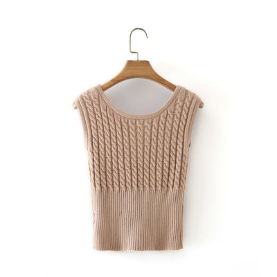 Chaleco Tejido Retro Cuello Redondo Cintura Anudada sin Mangas - Image 9