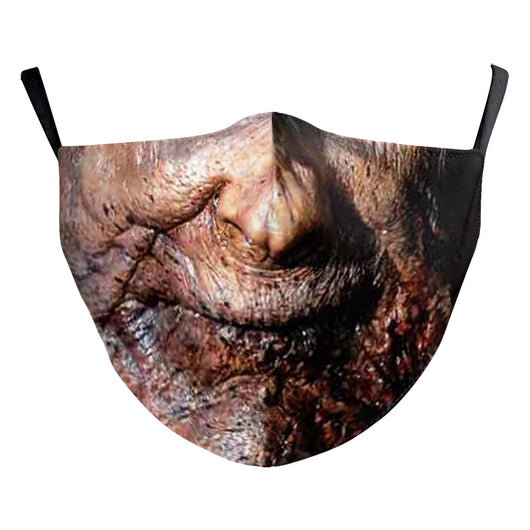 Halloween dust mask with a split design: one side a smiling clown face, the other a stitched, bloody mouth. - Image 5