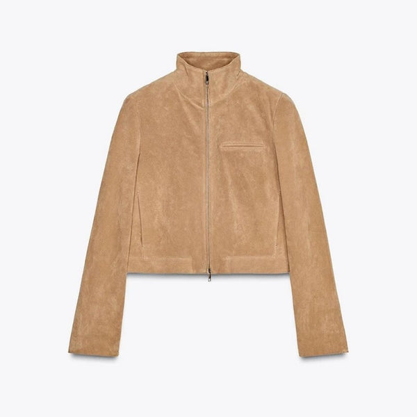 Chaqueta de Gamuza Marrón para Primavera con Cuello de Pie y Cierre - Image 3