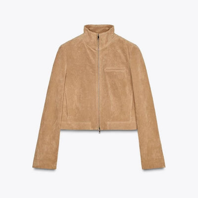 Chaqueta de Gamuza Marrón para Primavera con Cuello de Pie y Cierre - Image 3