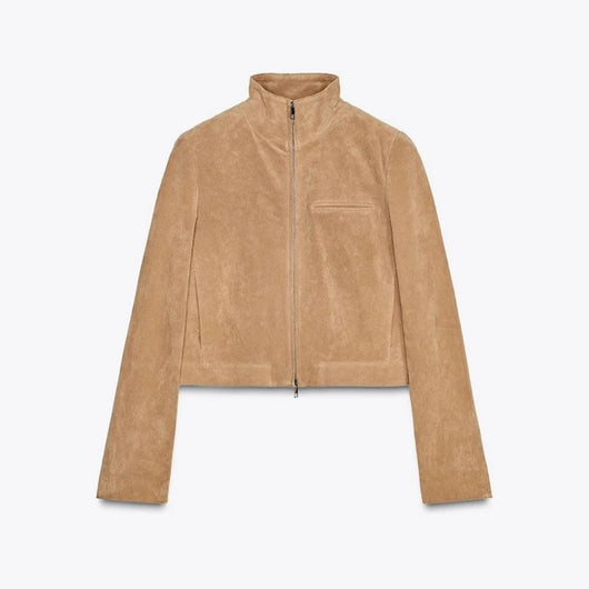 Chaqueta de Gamuza Marrón para Primavera con Cuello de Pie y Cierre - Image 3