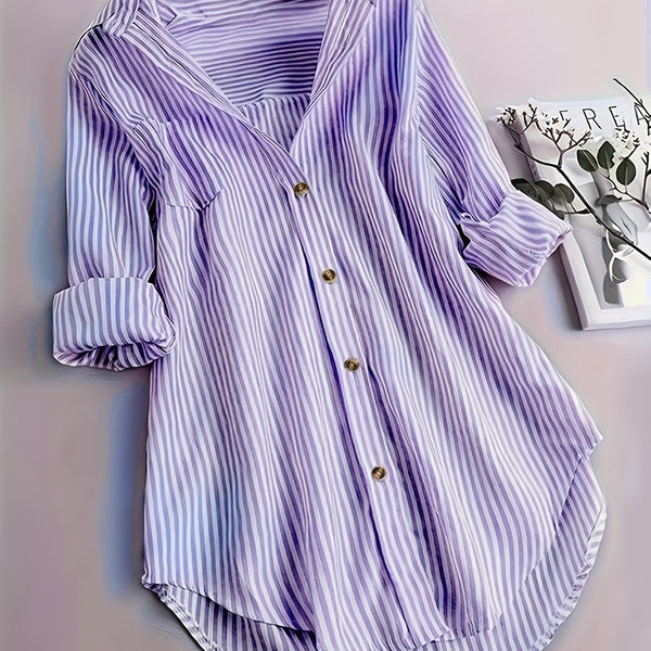 Camisa Casual Suelta a Rayas con Botones y Mangas Largas para Mujer