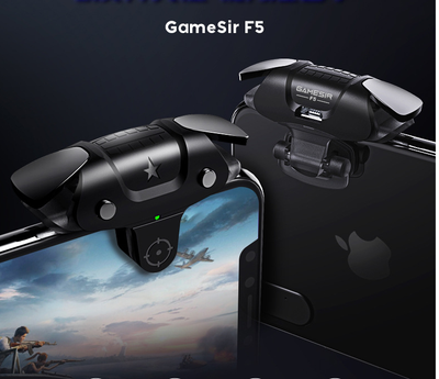 Black F5 game controller for mobile phones with two silver trigger buttons and a green indicator light. - Image 14