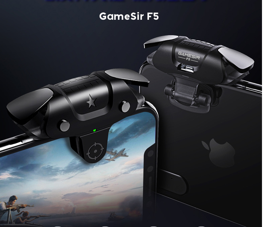 Black F5 game controller for mobile phones with two silver trigger buttons and a green indicator light. - Image 14