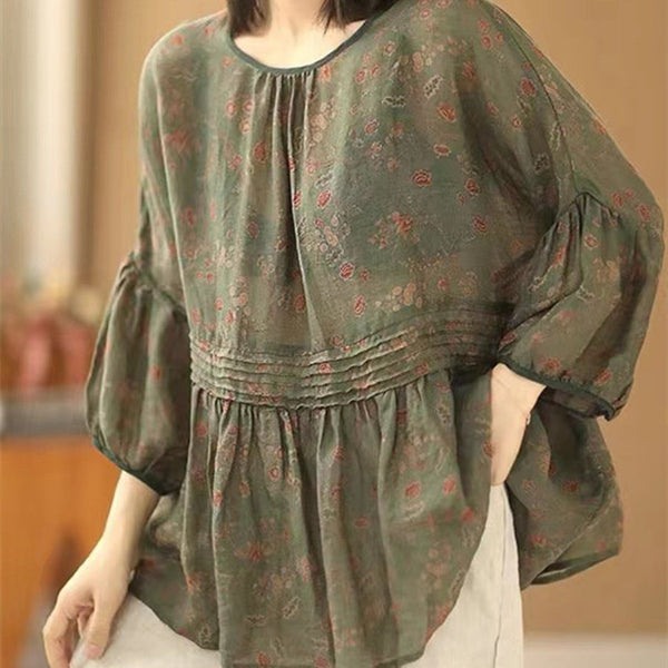 Camisa Vintage de Lino y Algodón con Estampado Floral para Verano