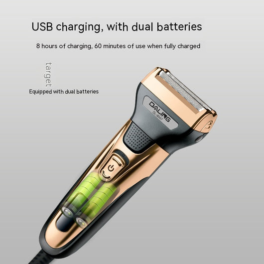 Gold and black three-in-one electric shaver with foil head, hair clipper, nose trimmer, and accessories. - Image 3