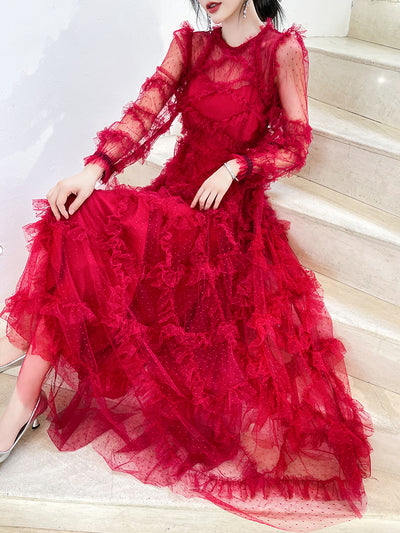Vestido Rojo Elegante de Novia con Mangas Largas para Dama - Image 2