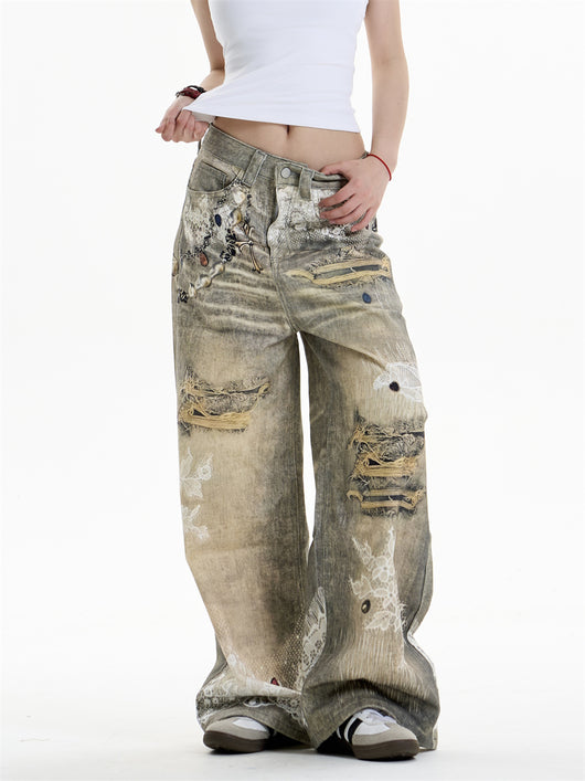 Pantalones Vaqueros Estampado Cruzado Mujer Pierna Ancha - Image 15