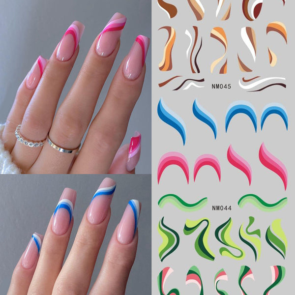 Stickers de Uñas con Diseño de Líneas Abstractas y Cintas Acuarela