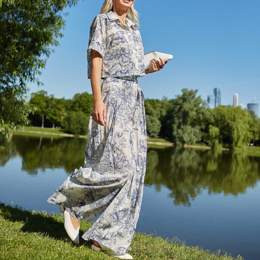 Conjunto de Dos Piezas: Camisa Estampada con Pintura China y Pantalón Ancho Cintura Alta - Image 12