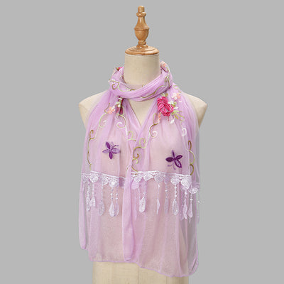 Pañuelo Floral Doble Capa con Bordado y Flecos para Mujer - Image 8