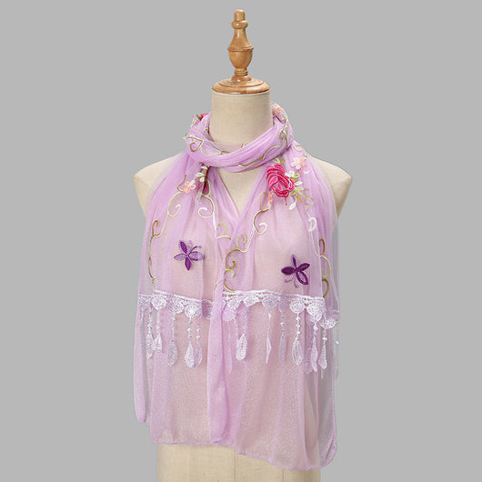 Pañuelo Floral Doble Capa con Bordado y Flecos para Mujer - Image 8