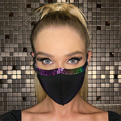 Woman wearing a black adjustable face mask with a shimmering silver rhinestone trim along the top edge. - Image 45
