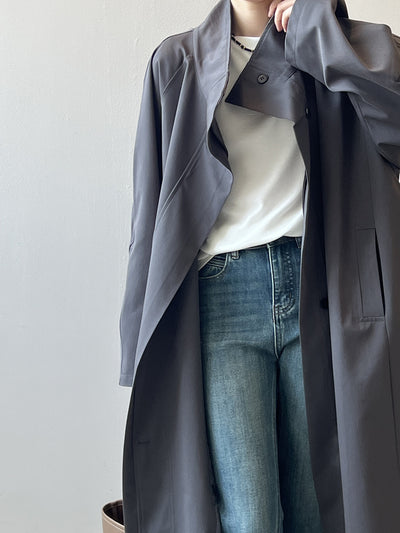 Abrigo Trinchera Largo Mujer Cuello Alzado Oversized Abotonado Simple - Image 30
