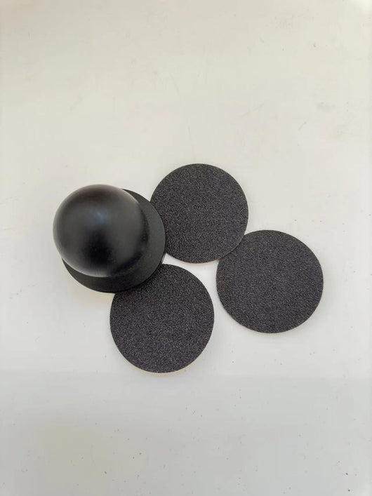 Red wooden dog claw grinding tool with a spherical handle and three circular black abrasive sanding pads. - Image 6