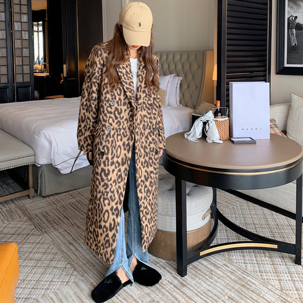 Abrigo Largo de Lana Estampado Leopardo para Invierno Mujer