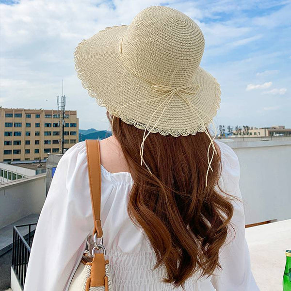 Sombrero de Paja Plegable con Encaje y Mariposas para Verano