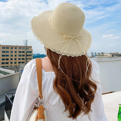Sombrero de Paja Plegable con Encaje y Mariposas para Verano