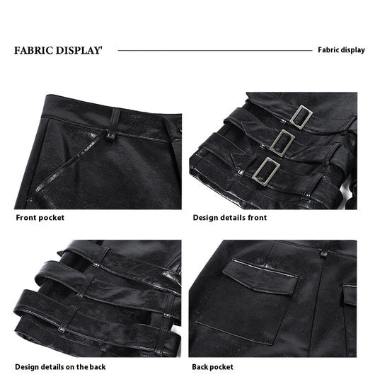 Pantalones Cortos de Cuero PU con Detalle de Anillo - Estilo Casual - Image 8