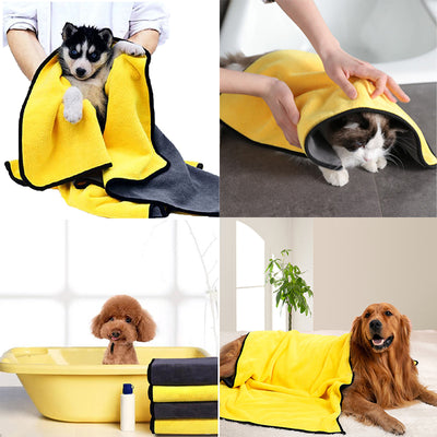Yellow microfiber pet drying towel with black trim draped over a bathtub, with a golden retriever, poodle, and cat. - Image 16