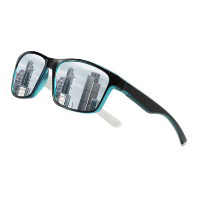 Black and blue polarized sports sunglasses with rectangular frames and blue mirrored lenses reflecting snowy mountains. - Image 3