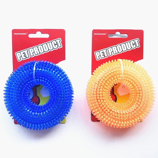 Translucent blue spiky donut-shaped pet toy made of TPR, designed to be bite-resistant and produce sound. - Image 12