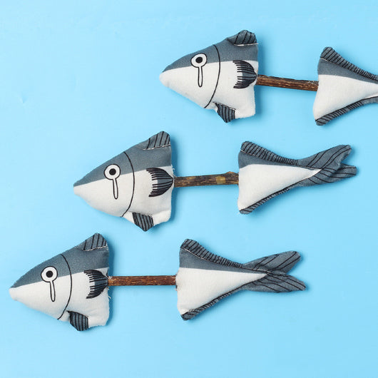 Gray and white plush catnip fish molar rod toy with a brown stick, designed for cats to chew and play.