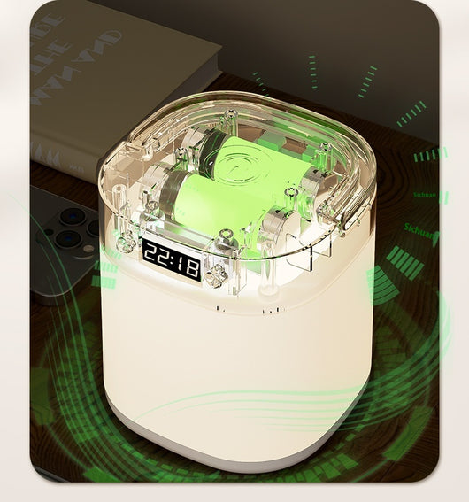 White rechargeable LED table lamp with a digital clock display and a light gray carrying handle. - Image 10
