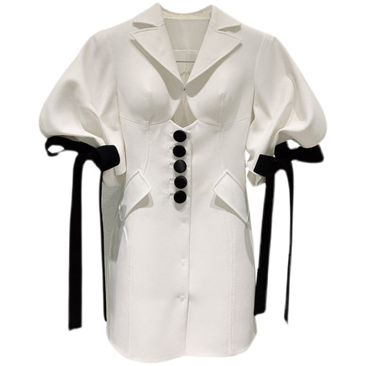 Vestido Blanco con Moño y Mangas Puff Diseño Exclusivo - Image 5