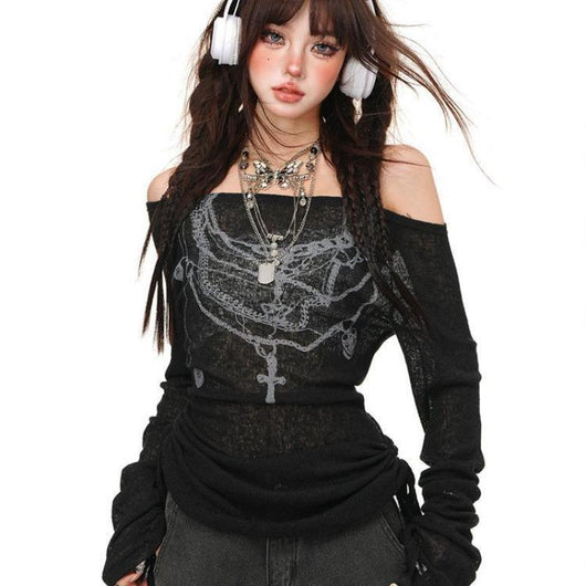Blusa Floral Hombros Descubiertos Manga Larga