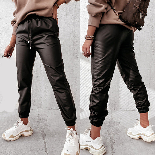 Pantalones de Cuero Casual con Tirantes y Color Sólido para Mujer - Image 11