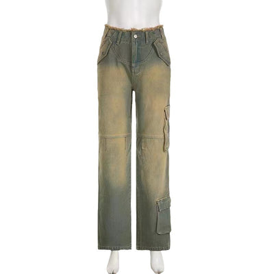Jeans Sueltos Tiro Bajo Efecto Desgastado con Bolsillos y Costuras Decorativas - Image 5